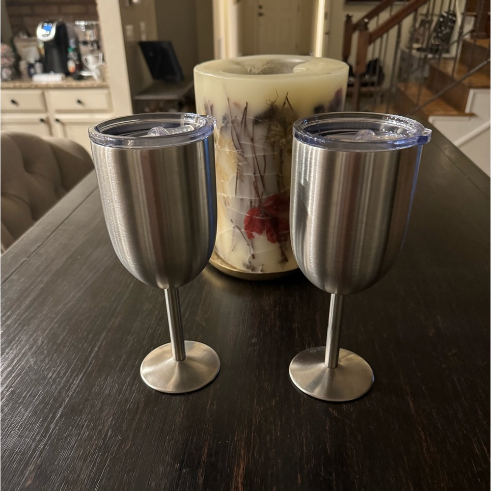 2 Stainless Steel Double Walled Wine Glasses With Lids
